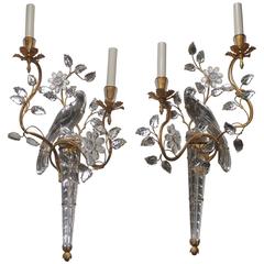 Wonderful Vintage Pair Of Gilt & Rock Crystal Bagues Flower Bird Parrot Sconces