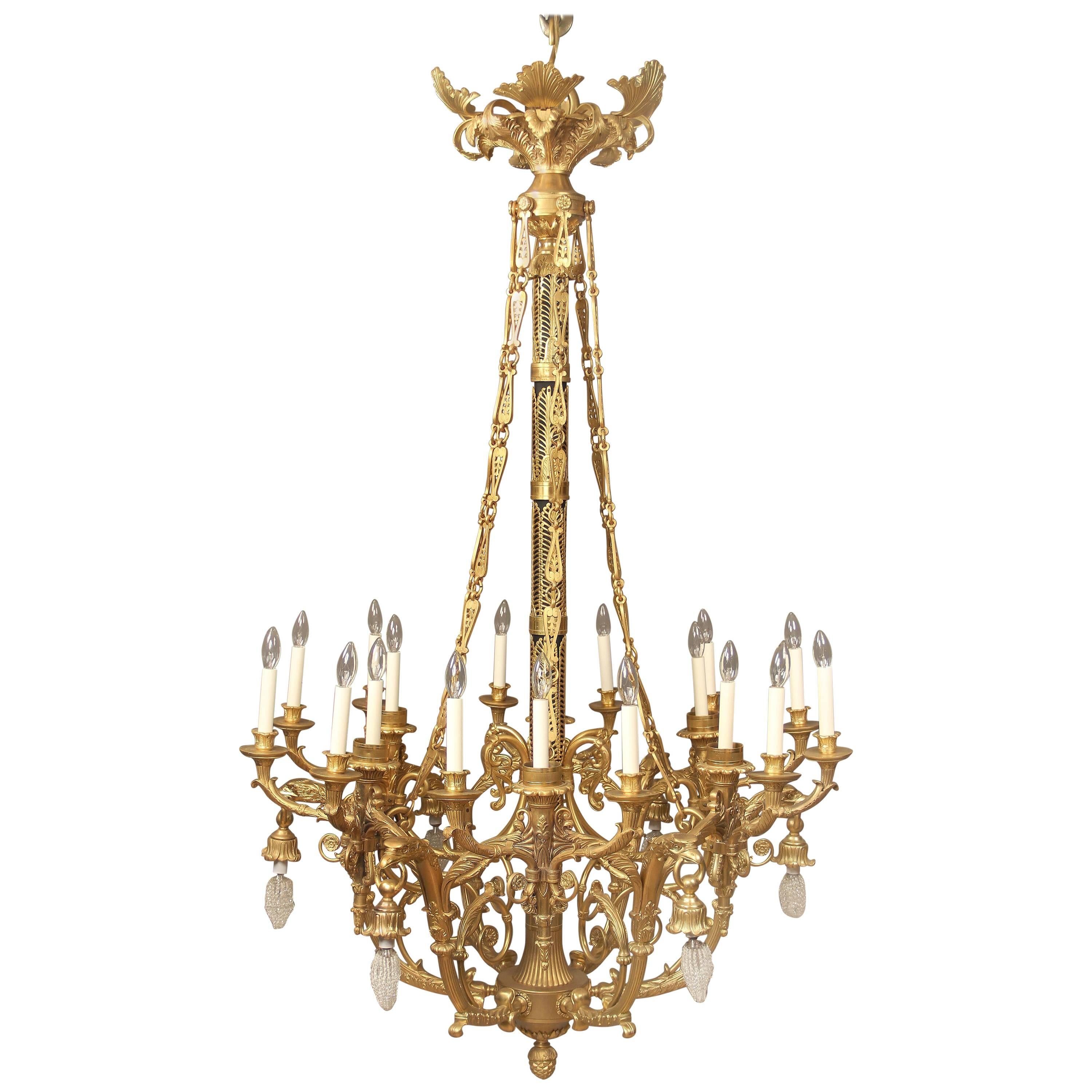 Large and Important Early 20th Century Gilt Bronze Empire Style Chandelier For Sale