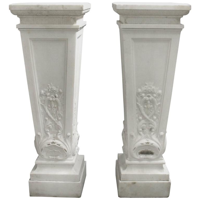 Palatial Pair of Early 20th Century Carved White Marble Pedestals For Sale at 1stdibs