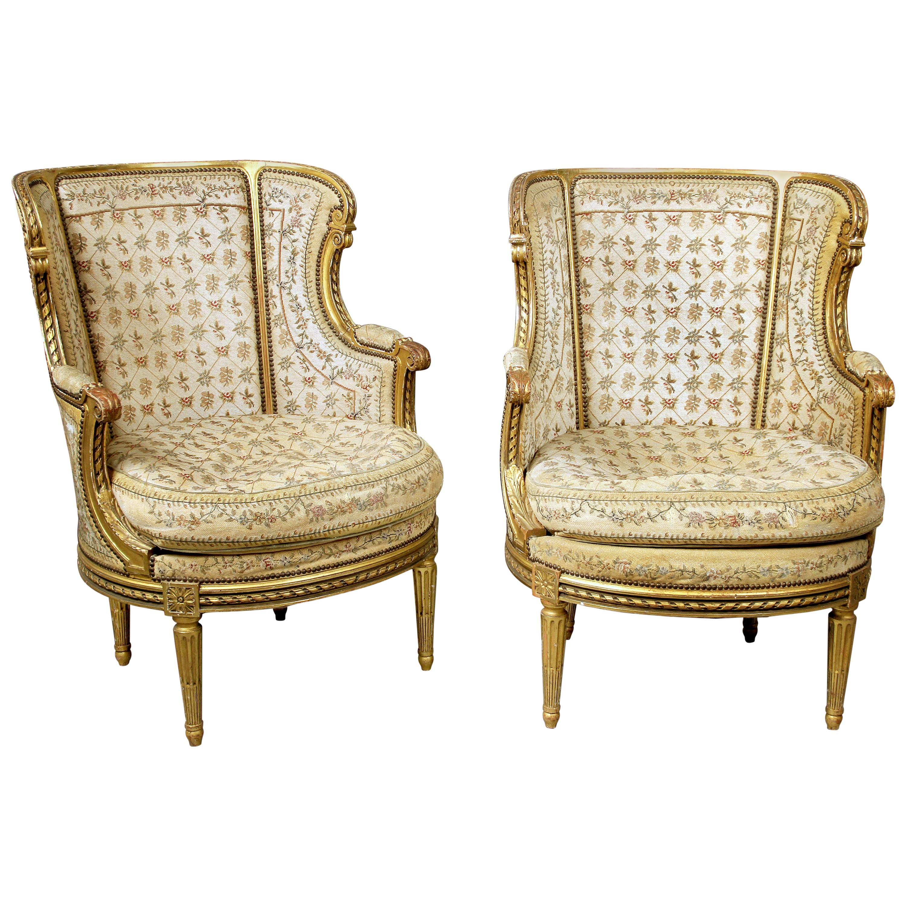 Very Fine Pair of Late 19th Century Louis XVI Style Giltwood Bergeres
