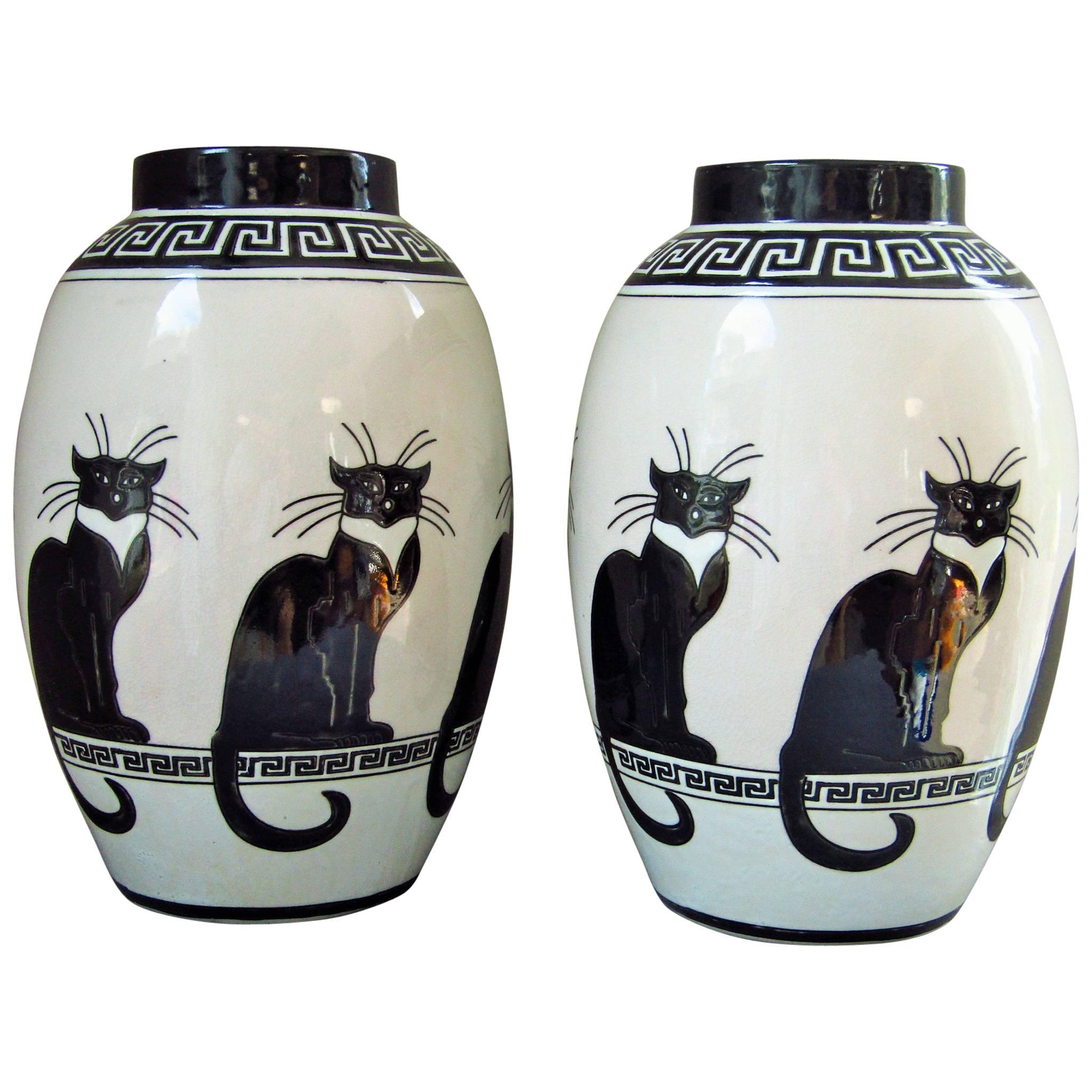 Mid-Century Pair of Vases Ceramic 1960s Cat Decor by Keralouve