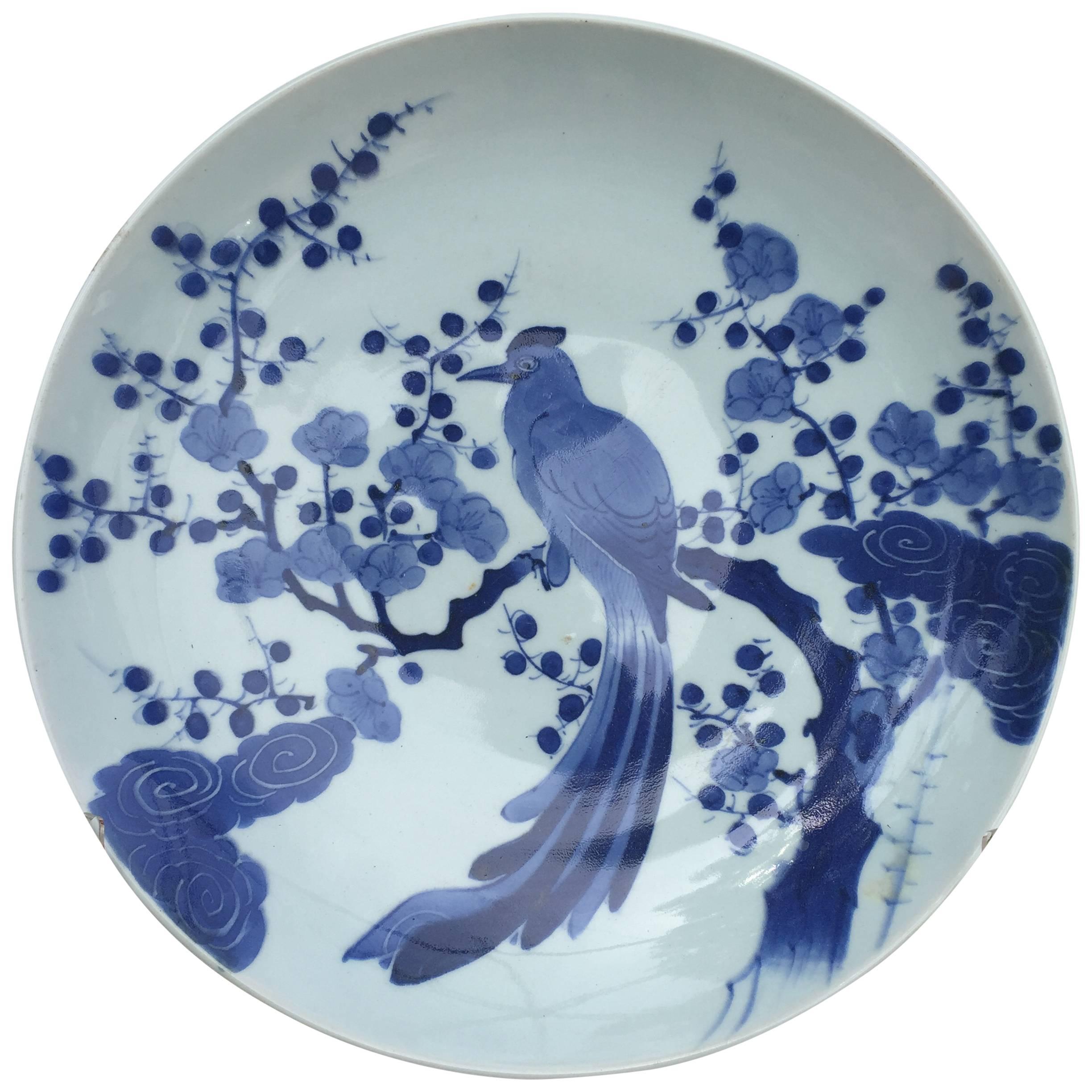 Japan Large Antique Hand-Painted Blue & White Porcelain BIRD Charger  