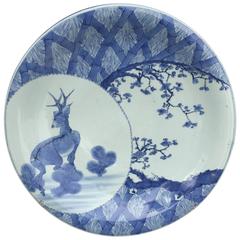 Japan Beautiful 17"d Antique Hand Painted Blue & White DEER Charger 