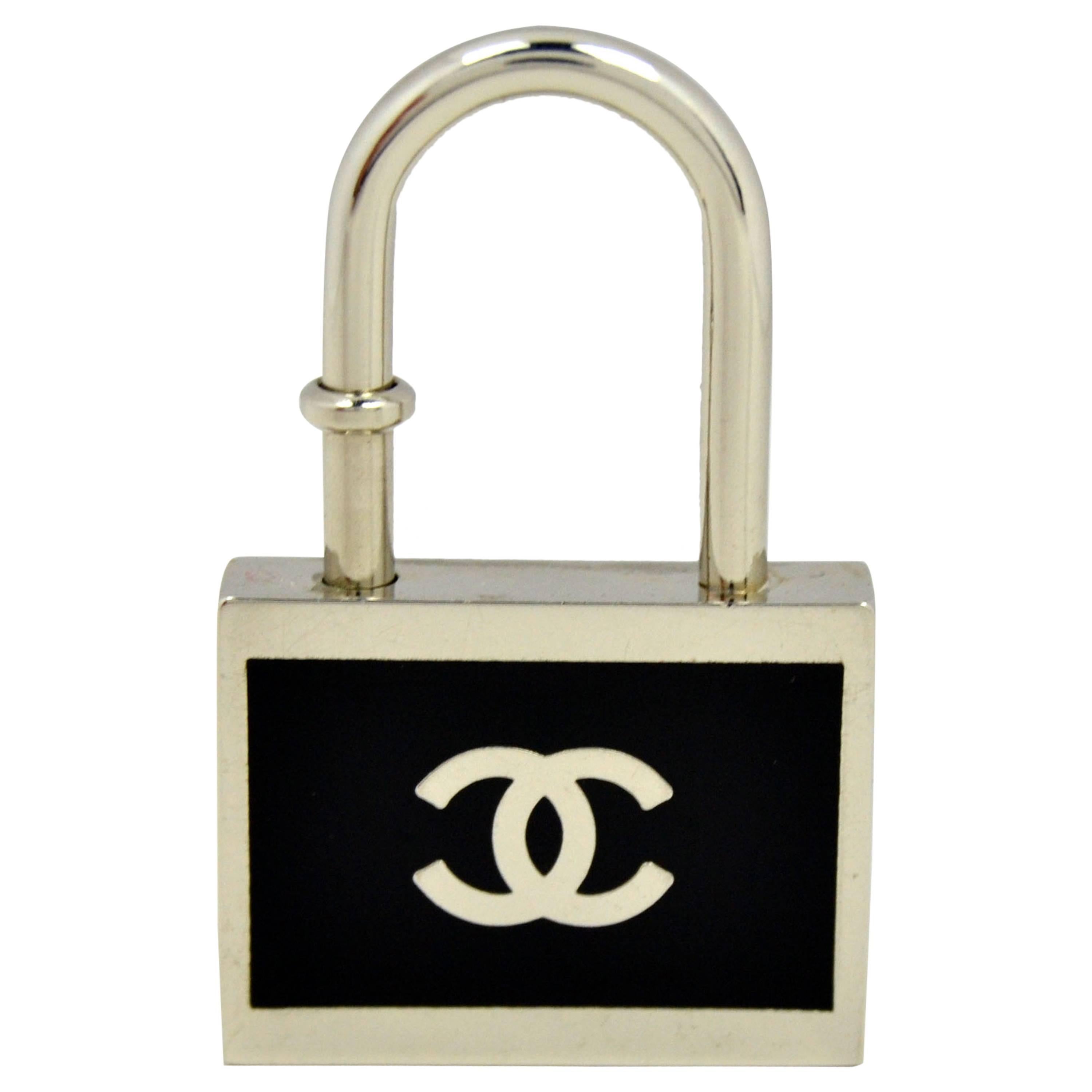 Black and Silvertone Padlock Keychain or Necklace Pendant in the Style of Chanel