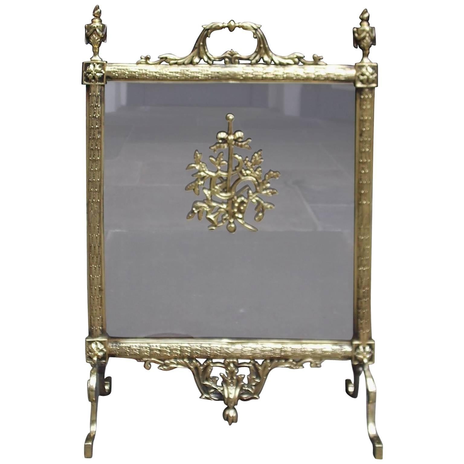 French Brass Lyre & Floral Acanthus Free Standing Fire Screen, Circa 1830
