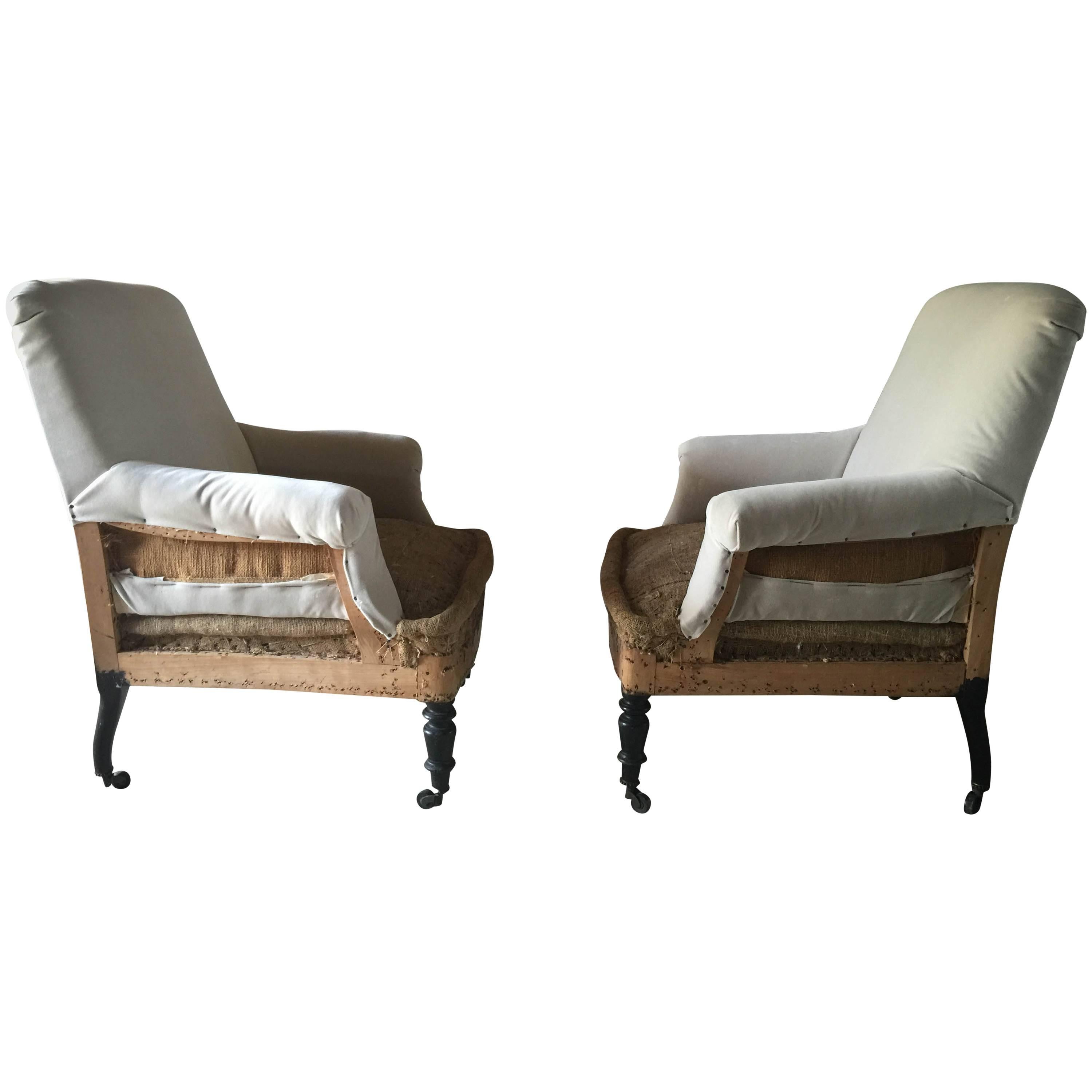 Pair of Antique French Velvet Deconstructed Club Chairs