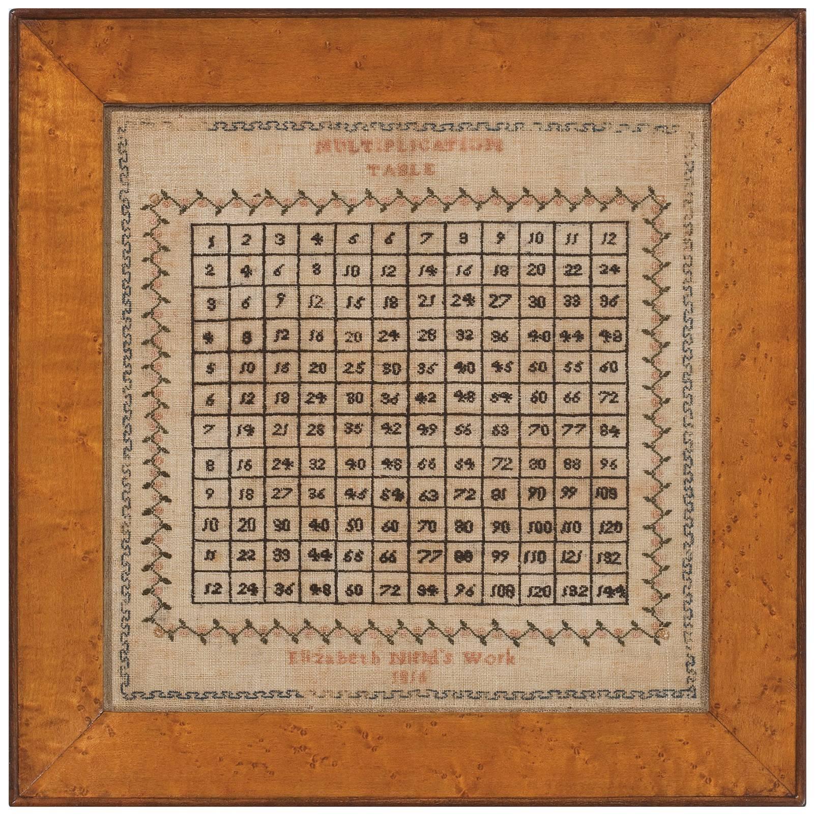 Rare Multiplication Table Needlework Sampler, England, 1816