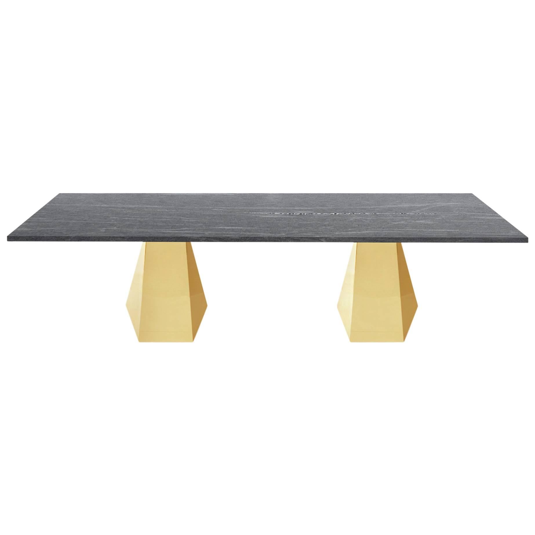 Double Pedestal Oscar Dining Table, Brass and Stone For Sale