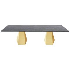 Double Pedestal Oscar Dining Table, Brass and Stone