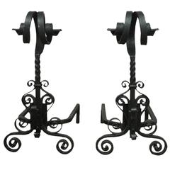 Pair of Arts & Crafts Ram’s Head Wrought Iron Andirons 4