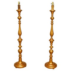 Pair of Tall Italian Giltwood Candlestick Floor Lamps