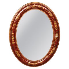 Red Lacquered Chinoiserie Oval Hand Painted Wall Mirror