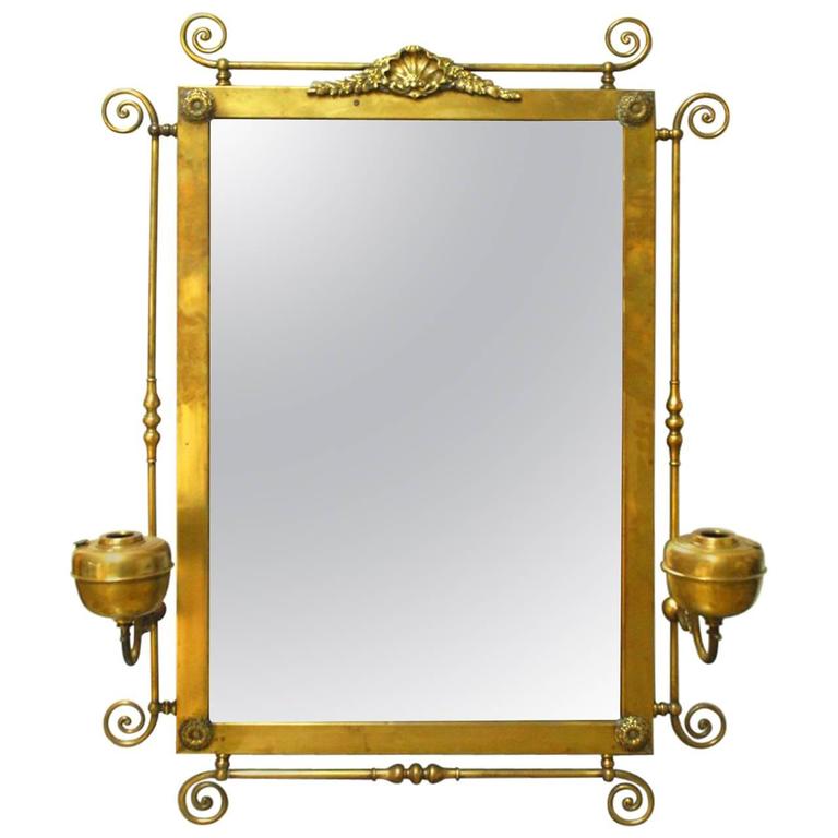 Period Art Nouveau Brass Mirror With Oil Lamp Sconces At 1stdibs Period Art Nouveau Brass Mirror With Oil Lamp Sconces For