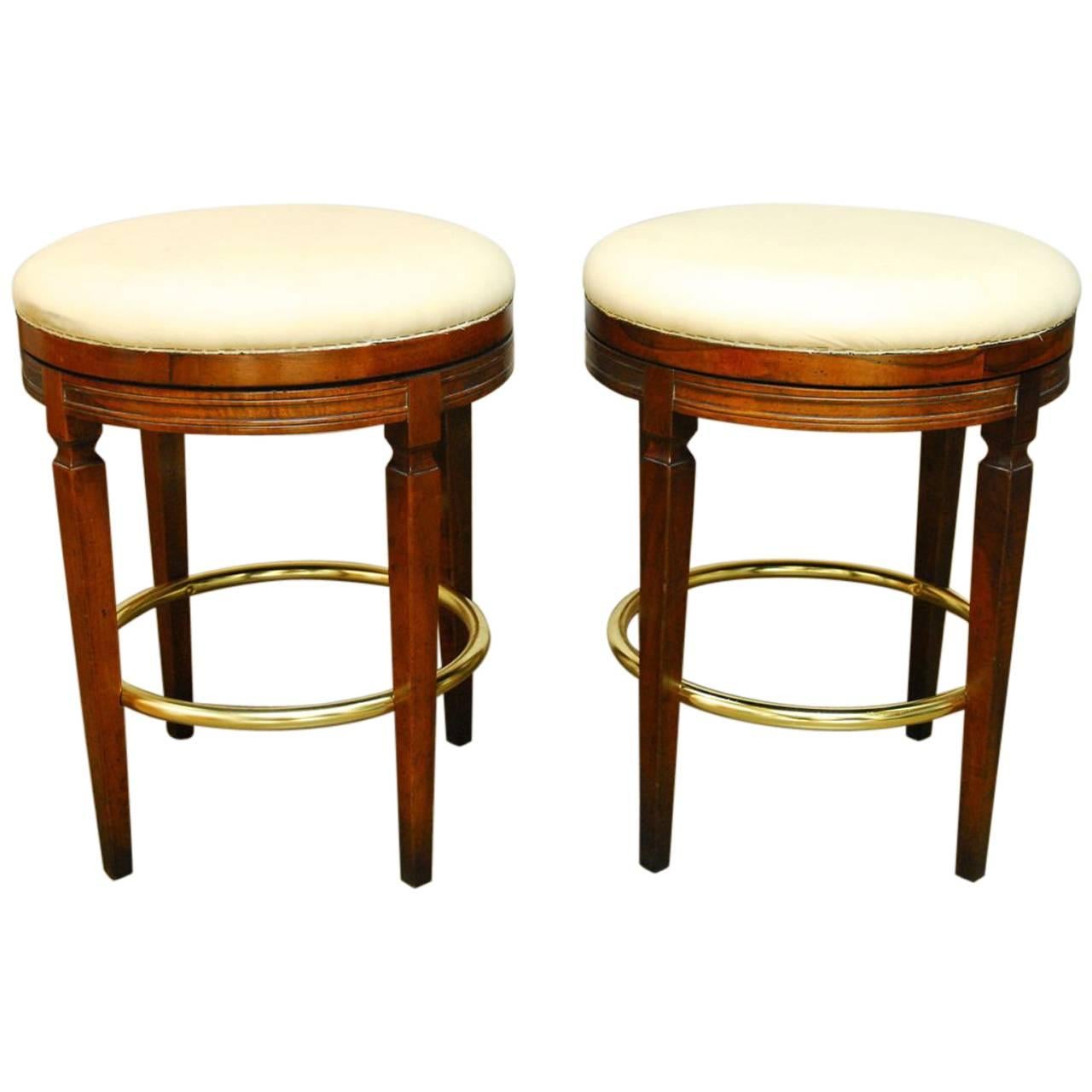 Pair of Italian Round Oak Swivel Barstools