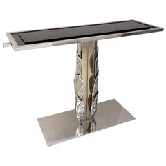 Italian Contemporary Polished Chrome and Black Glass Console with Shell Motif