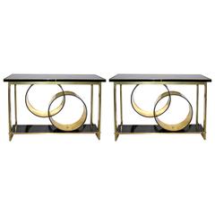 1970s Italian Pair of Modern Brass and Black Central Consoles 12
