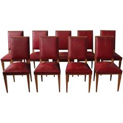 Set of Nine Fine French Art Deco Lime Oak Side Chairs by Arbus