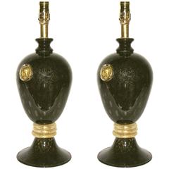 Seguso 1960s Italian Pair of Vintage Black and Gold Murano Glass Lamps 3