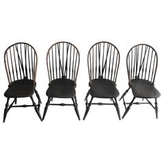 Antique Set of Four 18th Century Black Painted Brace Back Windsor Chairs