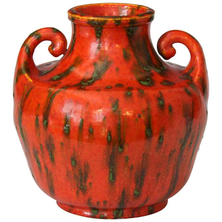Awaji Pottery Japanese Art Deco Vase with Mottled Chrome Orange Glaze