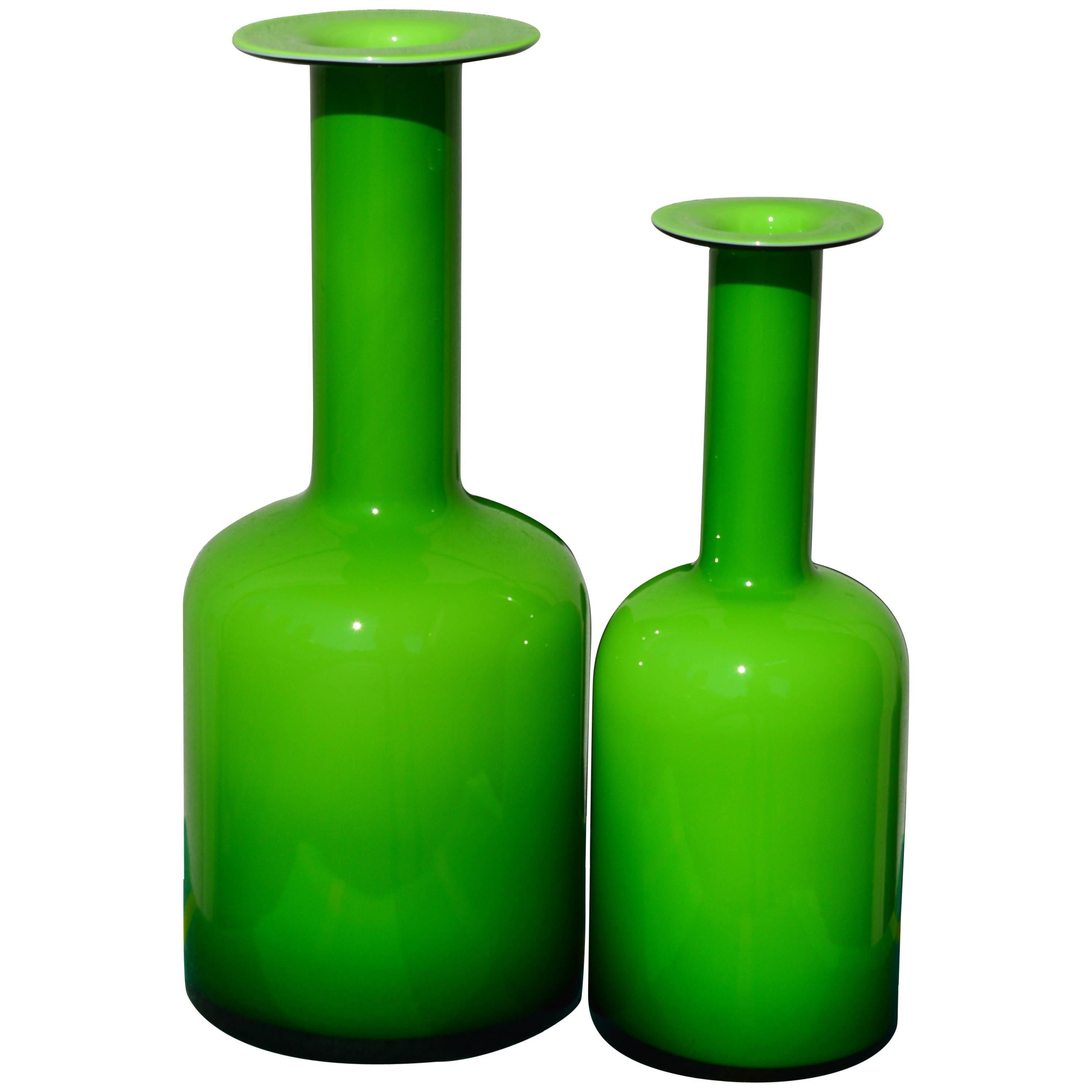 Pair of Green Glass Holmegaard Gulvases by Otto Brauer For Sale
