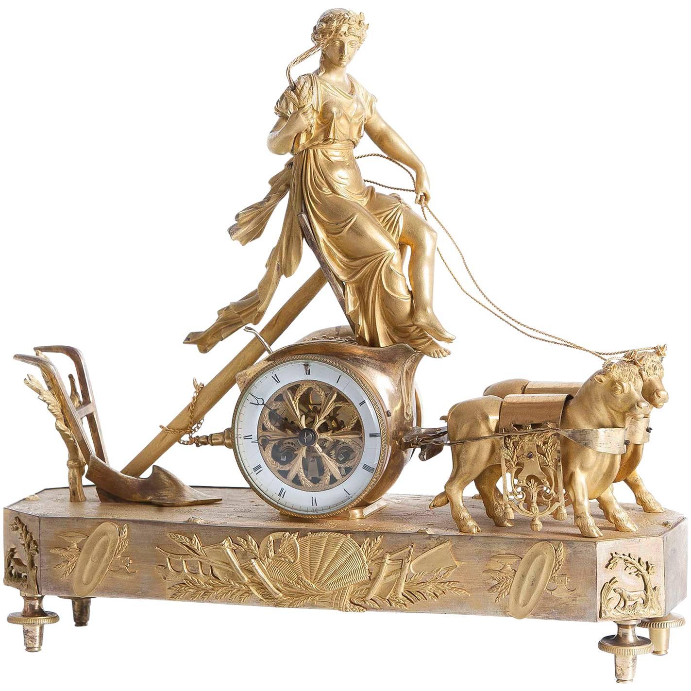 Chariot of Ceres Clock in Gilded Bronze For Sale