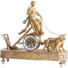 Chariot of Ceres Clock in Gilded Bronze