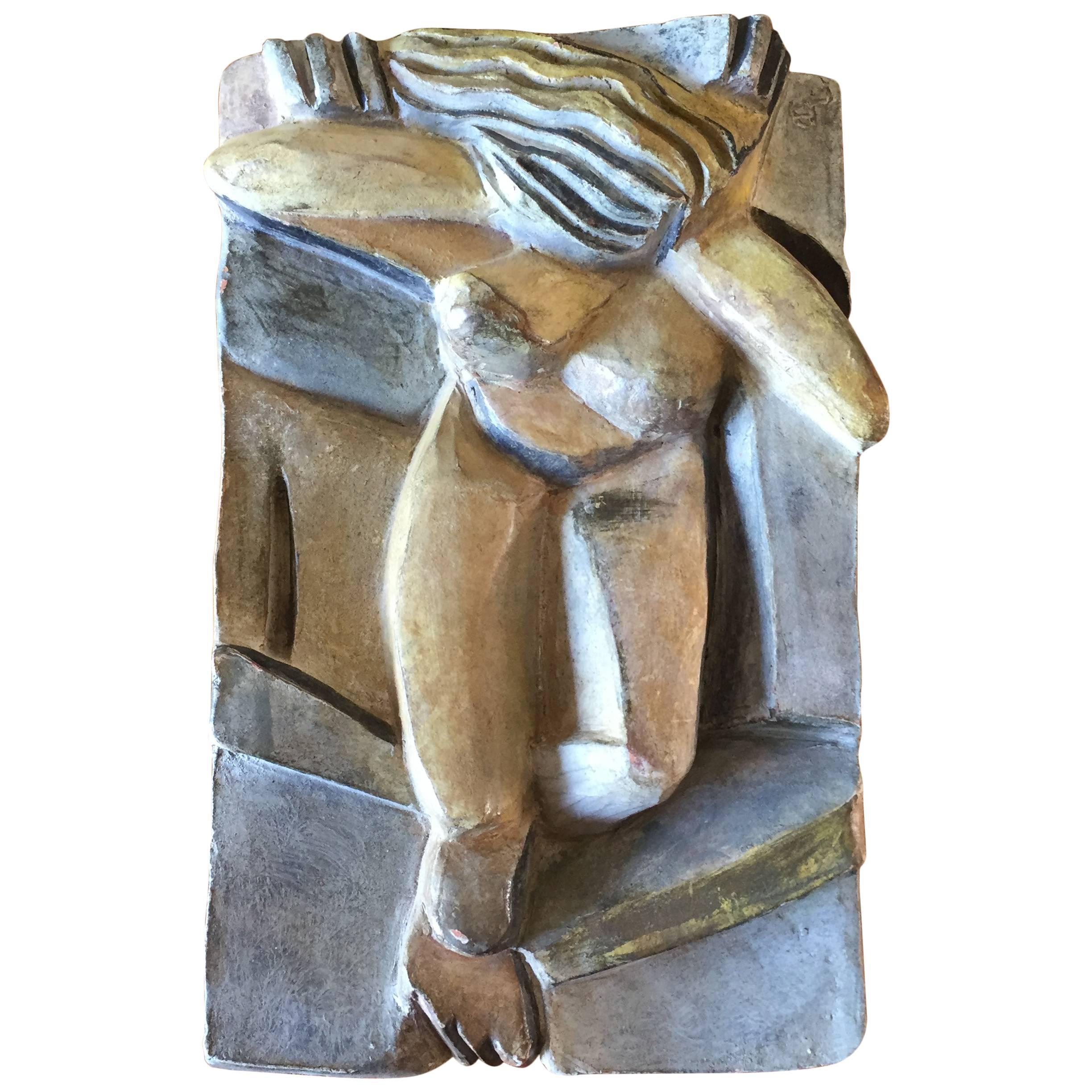Cubist Handmade and Hand-Painted Terracotta Relief in the Manner of Braque For Sale