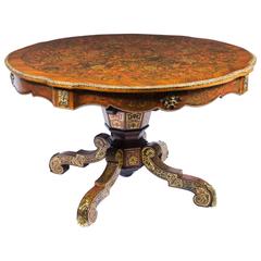 Retro Walnut Floral Marquetry Cut Brass Boulle Centre Table, 20th Century