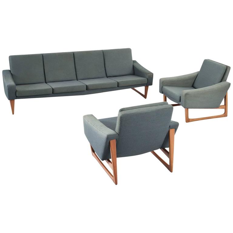 Scandinavian Living Room Set in Teak and Green Upholstery For Sale at