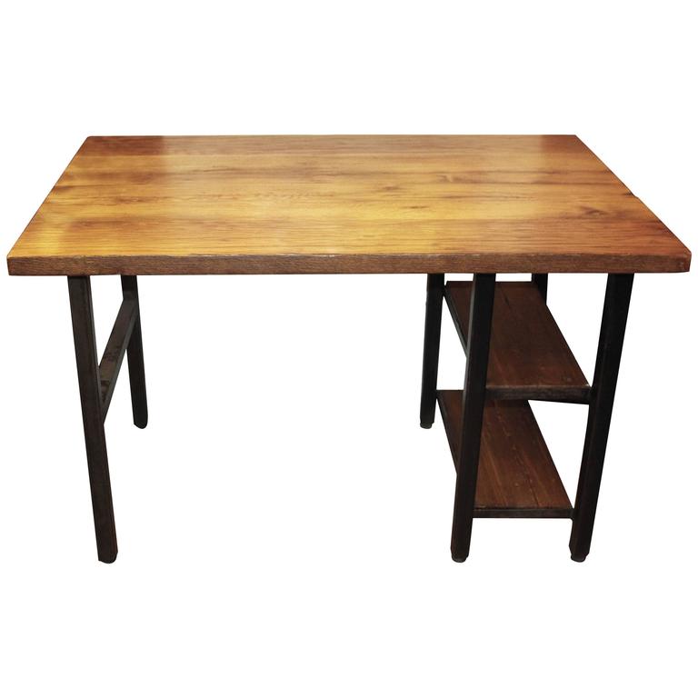 Reclaimed Oakwood Top Desk With Steel Legs And Two Shelves For Reclaimed Oakwood Top Desk With Steel Legs And Two Shelves For