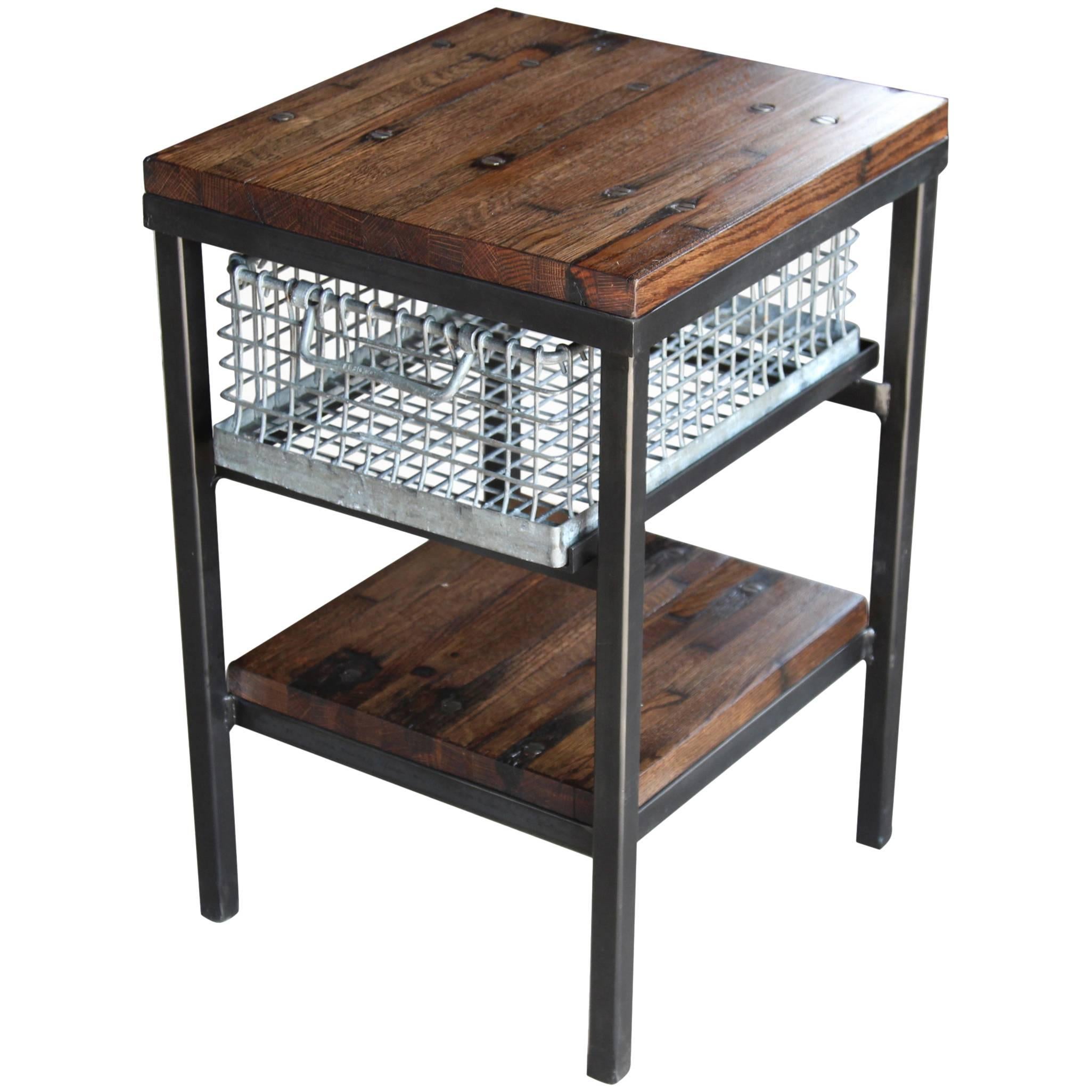 Galvanized Storage Basket Nightstand End Table with Shelf Using Wood Flooring