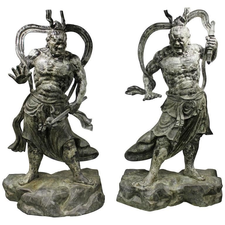 Monumental Pair of Impressive Japanese Bronze Nio Buddha Guardian