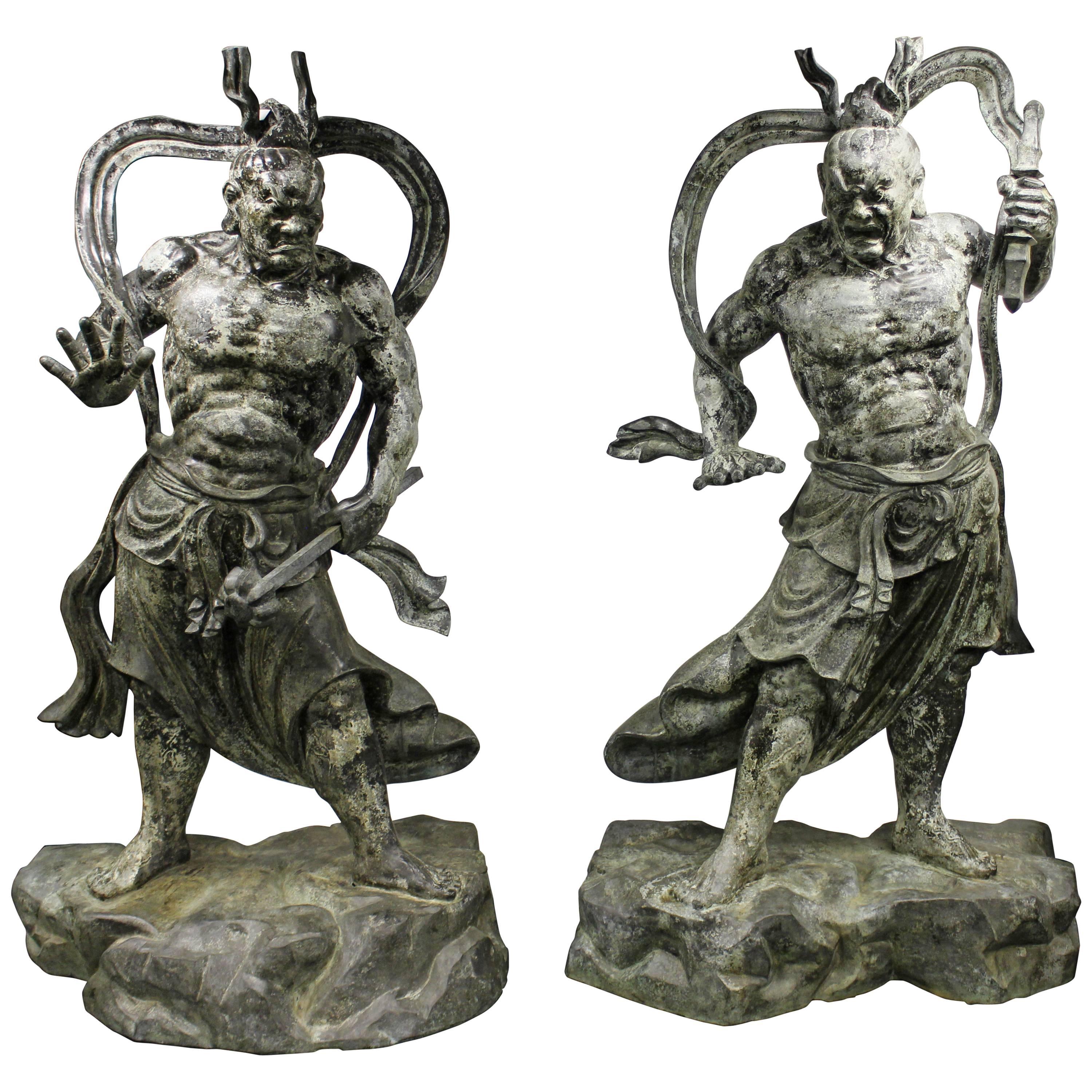 Monumental Pair of Impressive Japanese Bronze Nio Buddha Guardian Statues For Sale