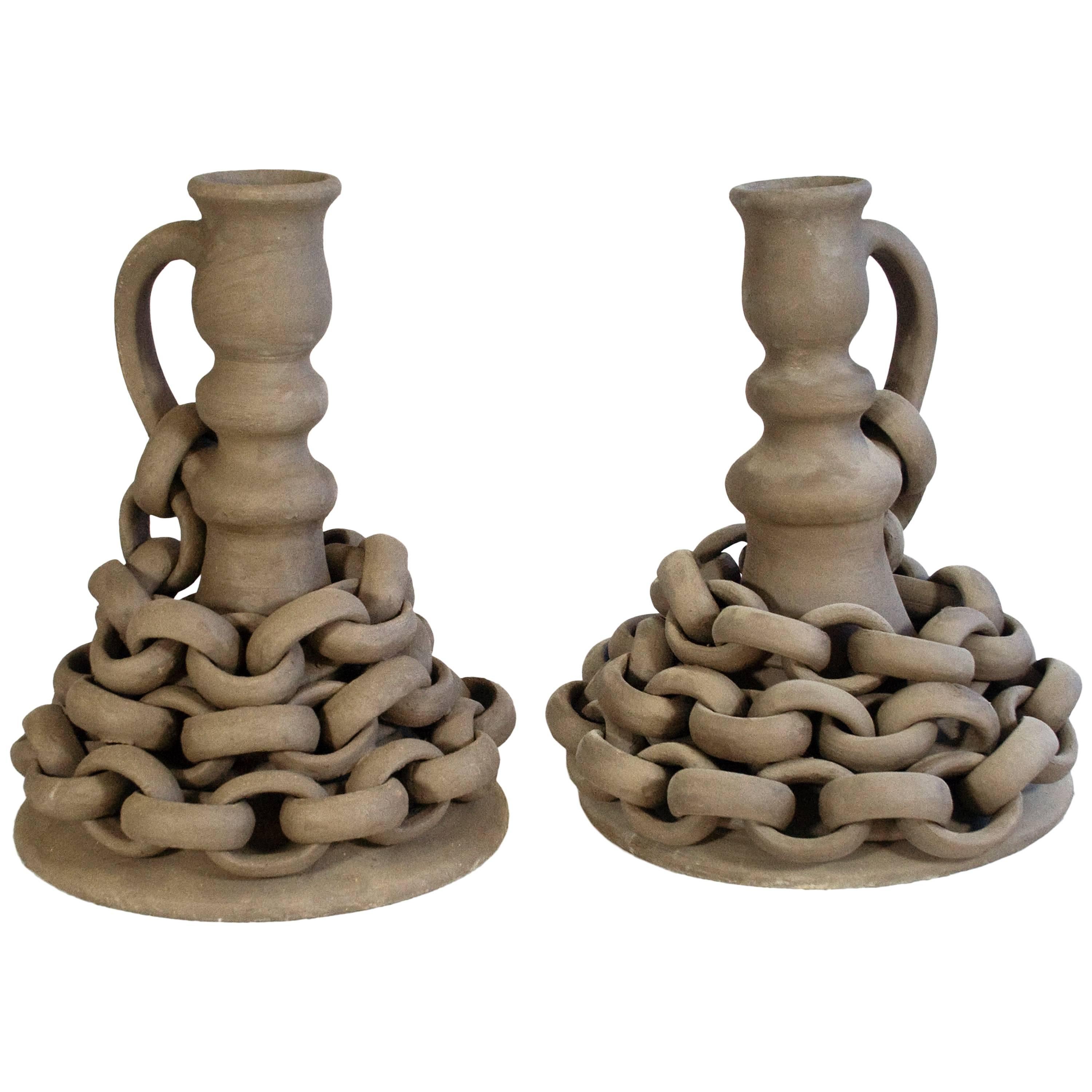 Pair of Large Von Pelt Ceramic Bisque Candelabras, Spain, circa 2000