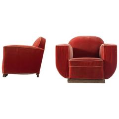 Pair of French Art Deco Club Chairs in Red Mohair Upholstery