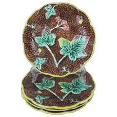 Antique English Majolica Rustic Aesthetic Leaves on Bark Plates, Set of Four