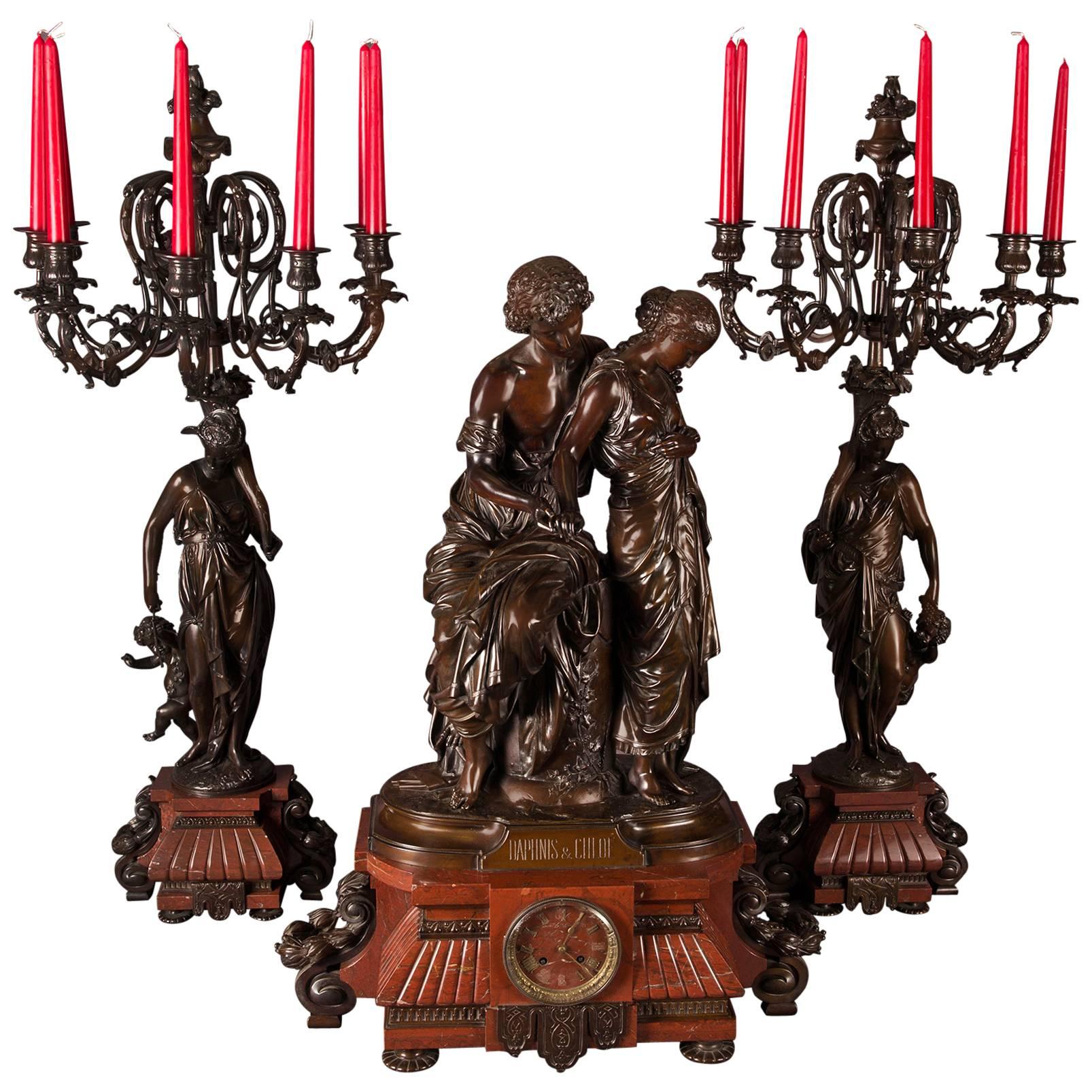 Three-Piece Bronze Clock Garniture Representing Daphnis and Chloe after Moreau For Sale
