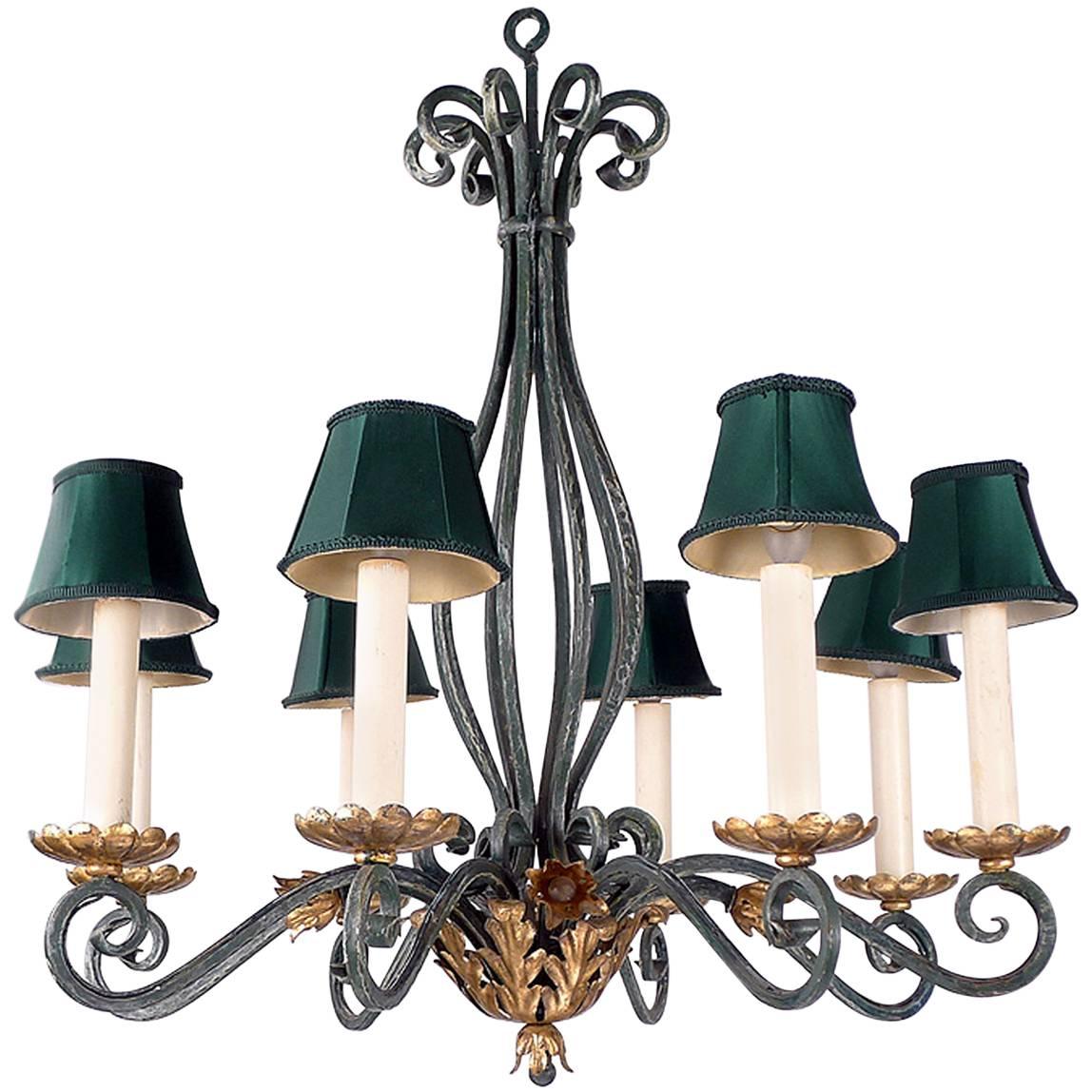 Green Patina Iron Chandelier with Gold Leaf Details For Sale