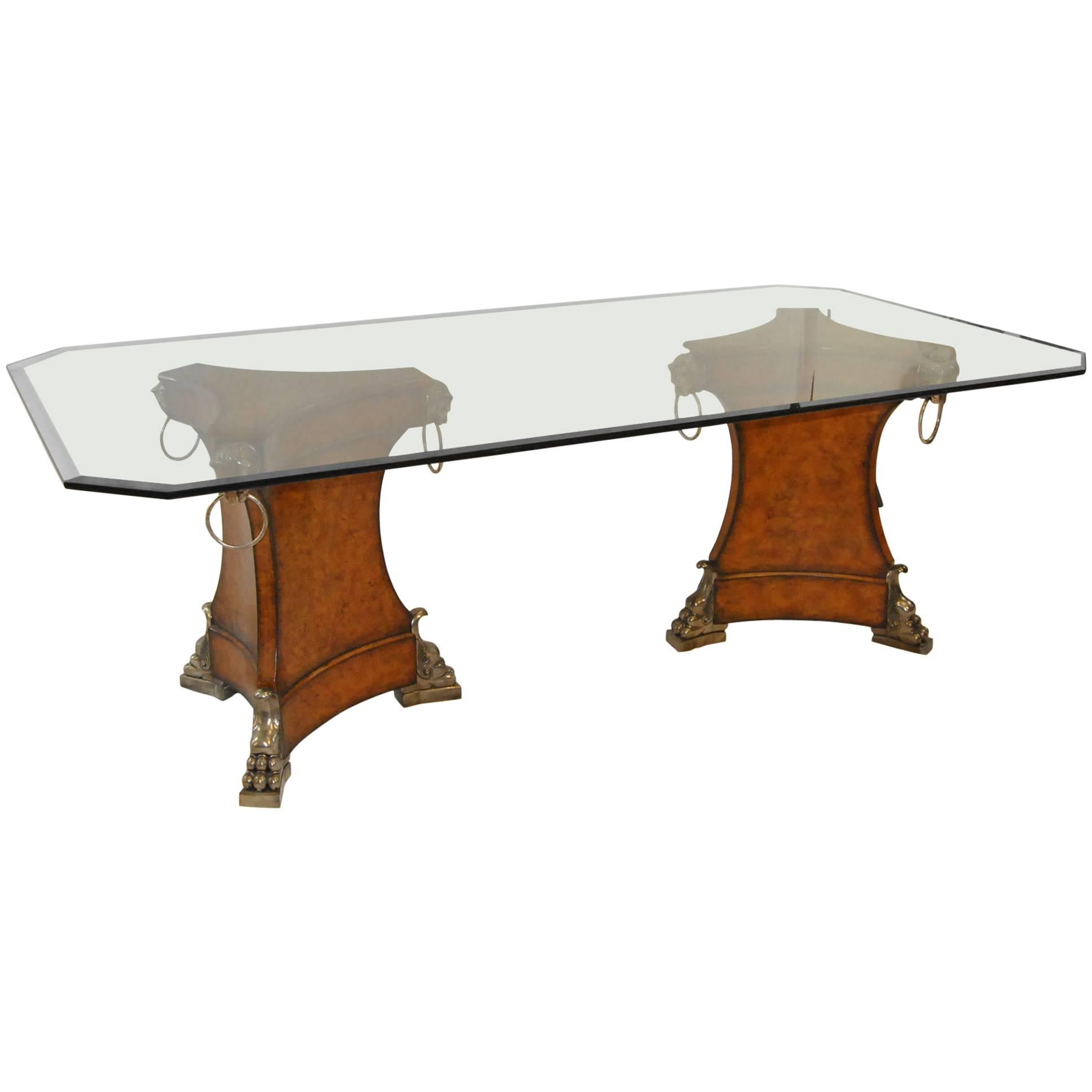 Theodore Alexander Dbl Leather Wrapped Pedestal Dining Table w Beveled Glass Top