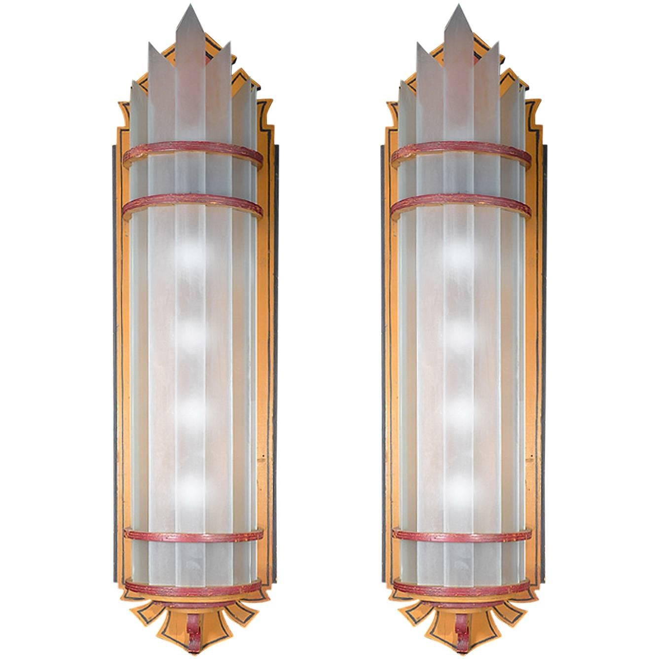 Arts and Crafts Wood and Glass Wall Sconces For Sale