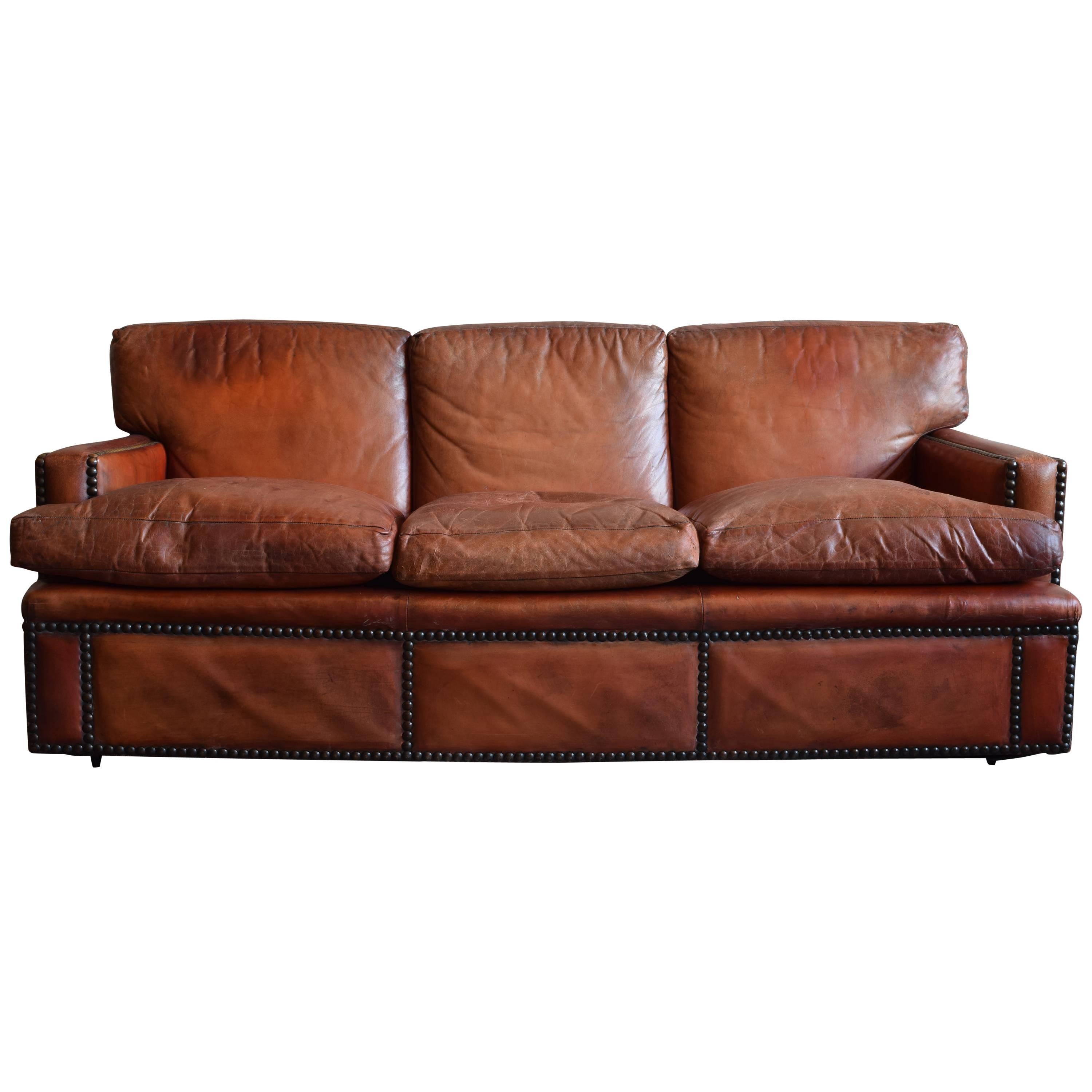 English Leather Upholstered and Nailhead Decorated Sofa, Mid-20th Century