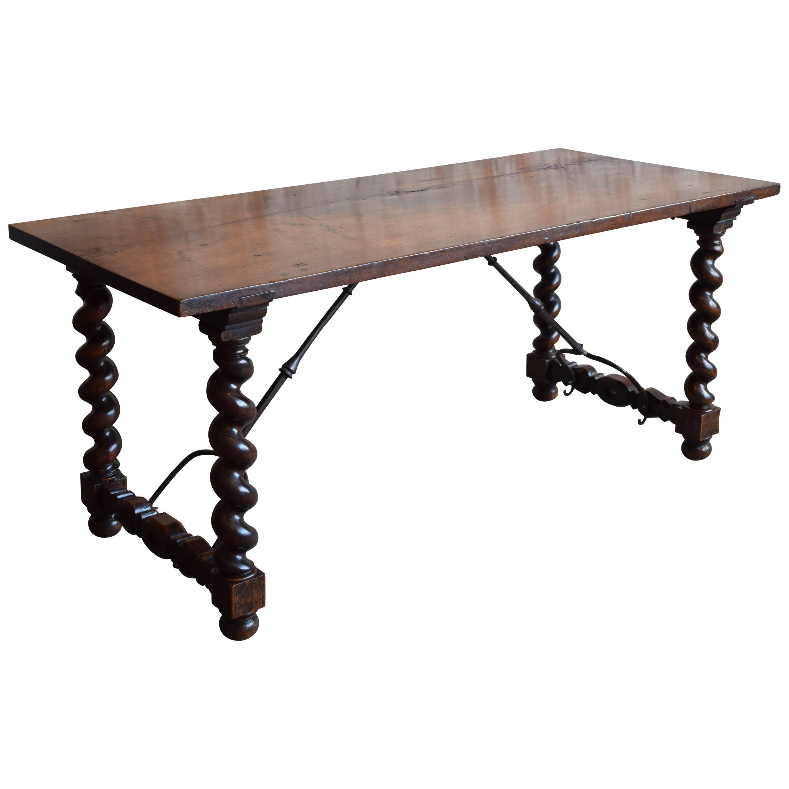 French Louis XIII Period Turned Walnut & Wrought Iron Table, Early 18th Century