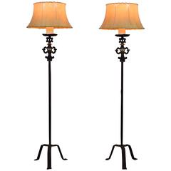 Antique Pair of Italian Wrought Iron Torcheres Mounted as Floor Lamps, 19th Century
