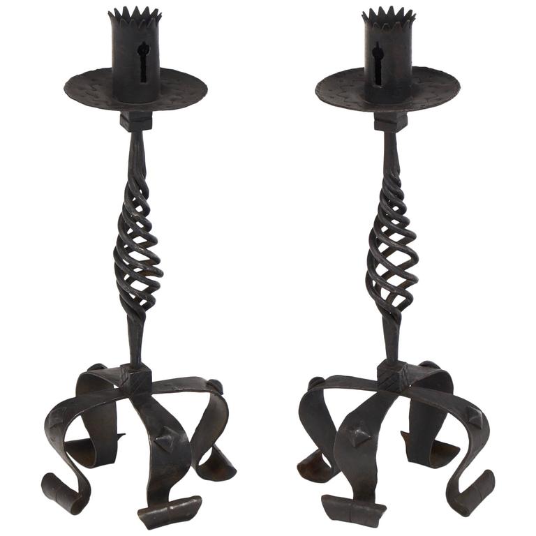 Vintage Pair of Iron Candlesticks For Sale at 1stdibs
