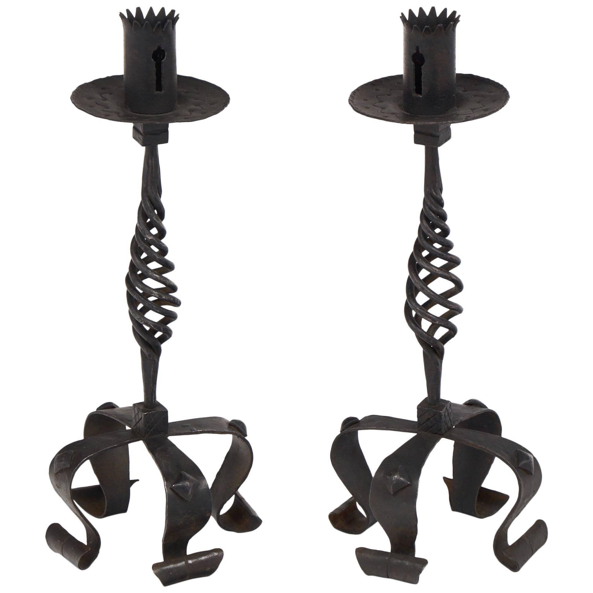 Vintage Pair of Forged Iron Candlesticks