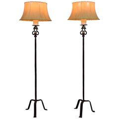 Antique Pair of Italian Wrought Iron Torcheres Mounted as Floor Lamps, 19th Century
