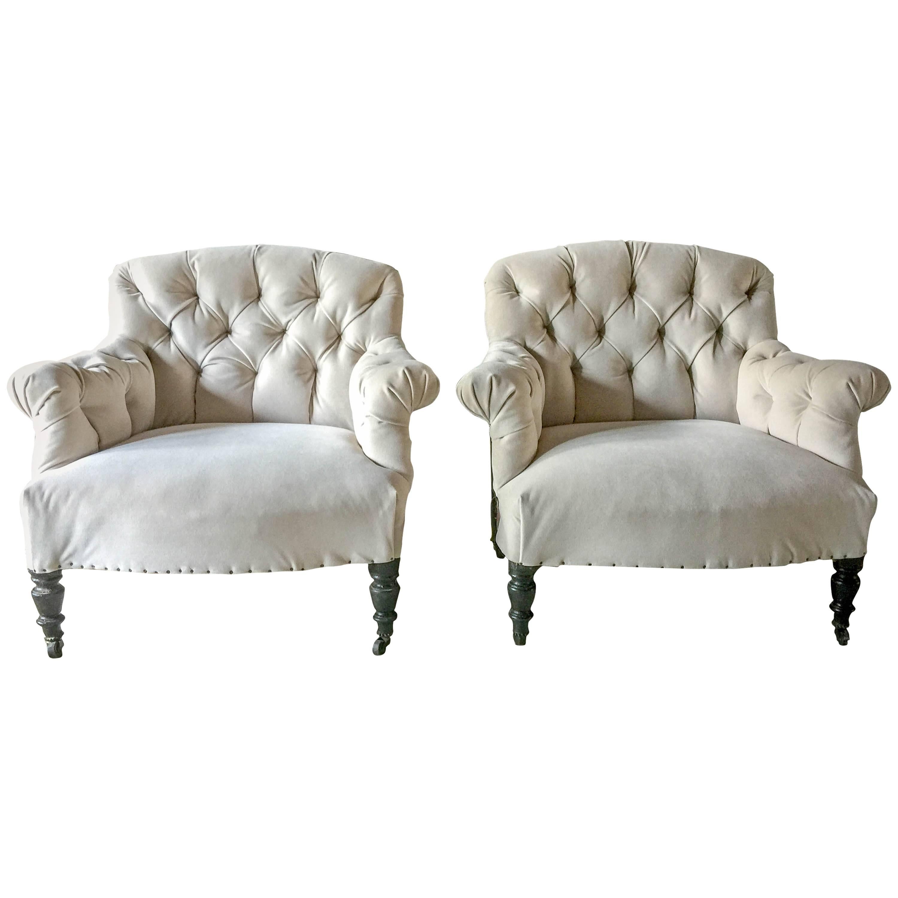 Pair of Antique French Tufted Salon Chairs