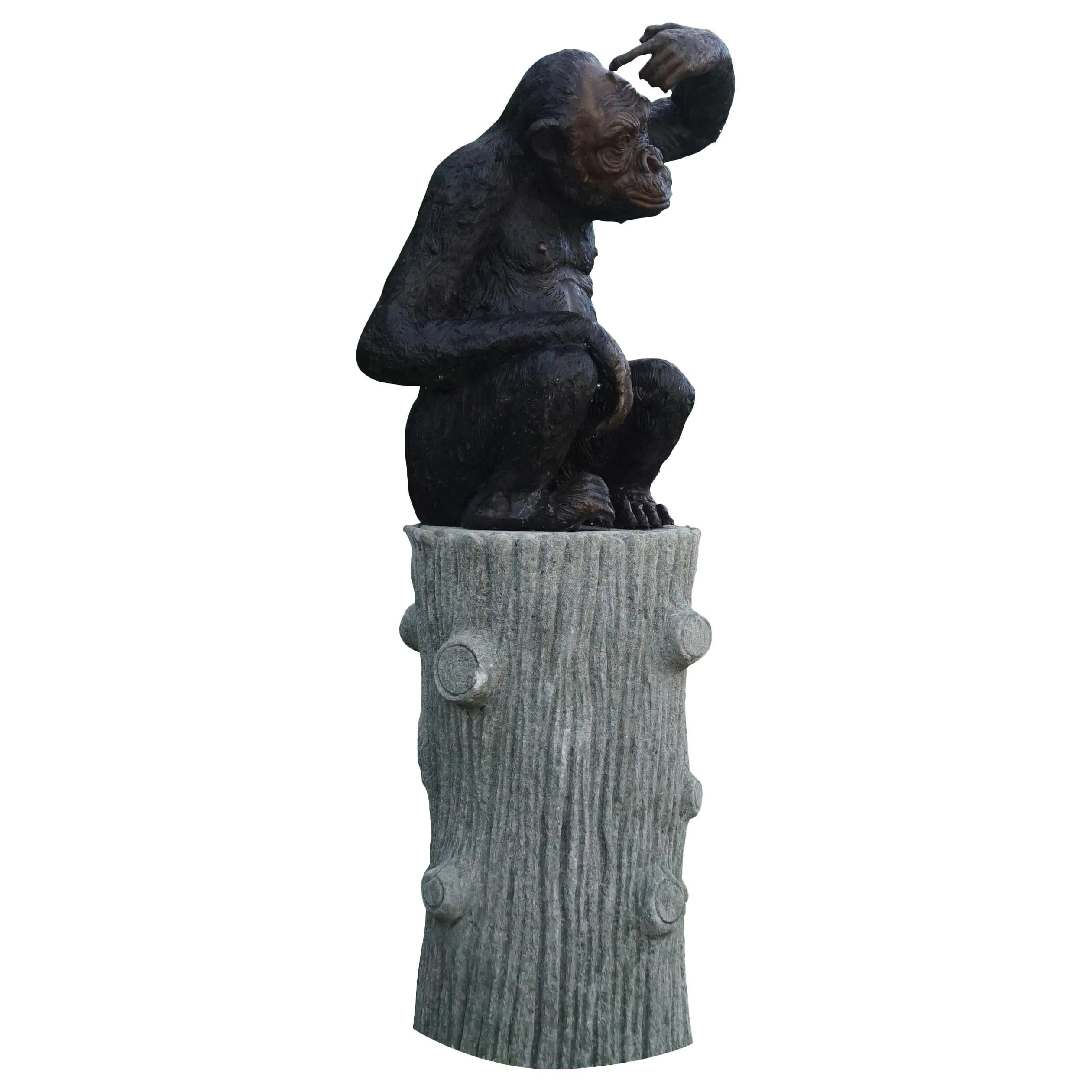 20th Century French Bronze Monkey Garden Statue on a Faux Bois Base