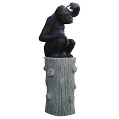 Antique 20th Century Bronze Monkey Garden Statue on a Faux Bois Base, French Decor